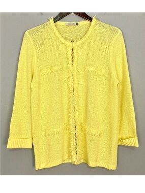 Anthropologie Maude Vivante Fringe Cardigan Women’s Size L Retro Pockets Yellow